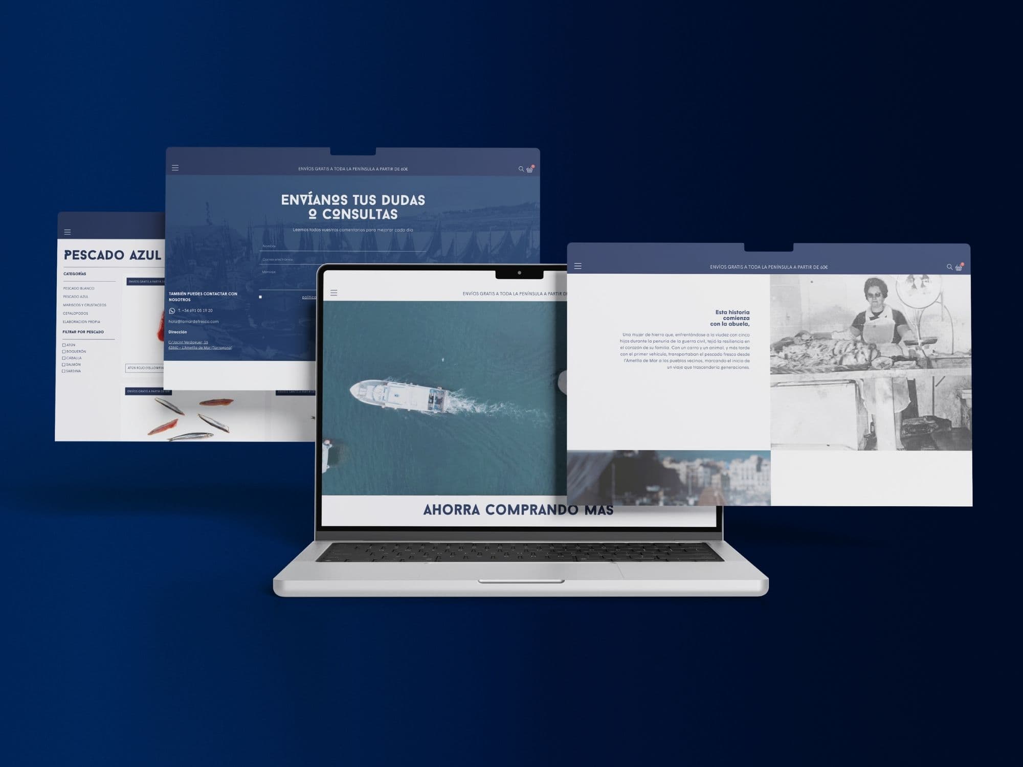 Pantallas de escritorio de la tienda de La Mar de Fresco: home, categoría de pescado azul, contacto y la historia de la familia